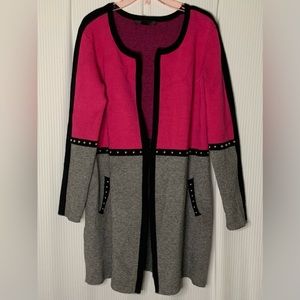 Elena Wang Cardigan Open Front Color Block Pink Grey Black w/ Stud detail Small